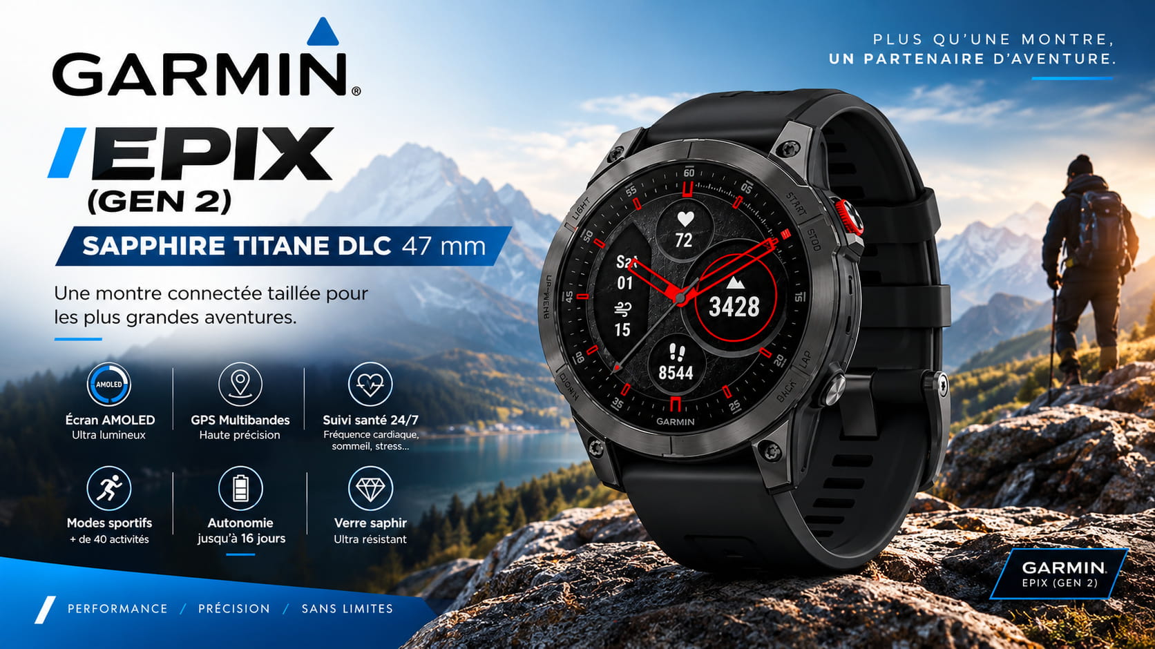 ontre Connectée Garmin Epix (Gen 2) / Sapphire Titane DLC 47 mm / noir